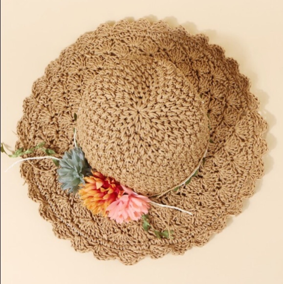 Camel Boho Floral Detail Straw Hat - Picture 3 of 13